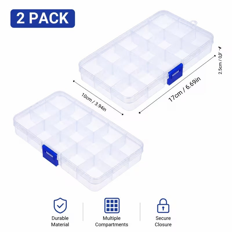 2-pack transparent plastic storage box with 15 adjustable compartments
