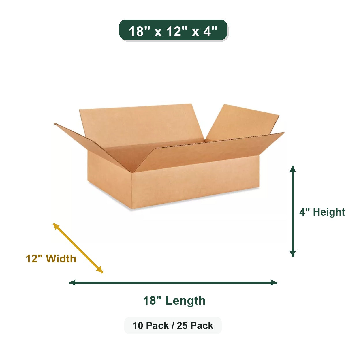 18 x 12 x 4 corrugated cardboard shipping boxes with self-sealing flaps size diagram