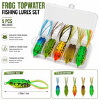 5-piece topwater frog fishing lures set with bait box in 5 colors