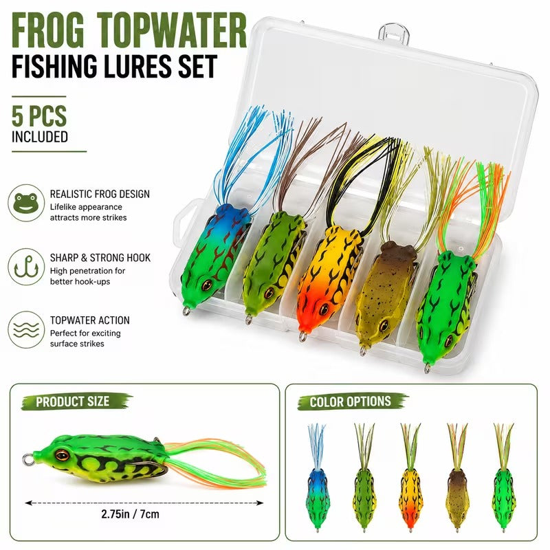 5-piece topwater frog fishing lures set with bait box in 5 colors