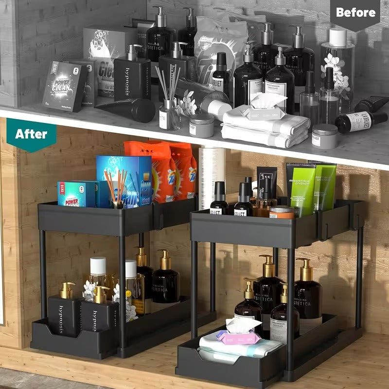 2-tier pull-out under sink storage organizer with sliding basket
