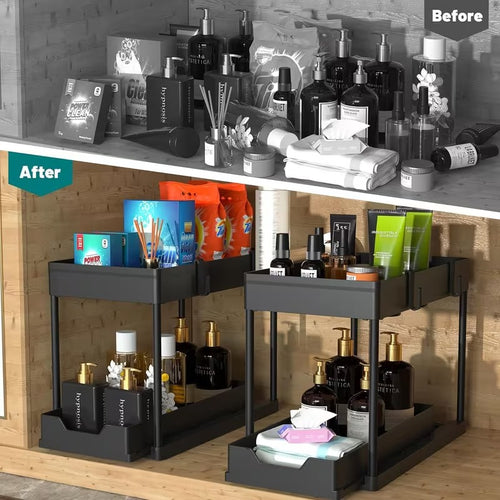 2-tier pull-out under sink storage organizer with sliding basket