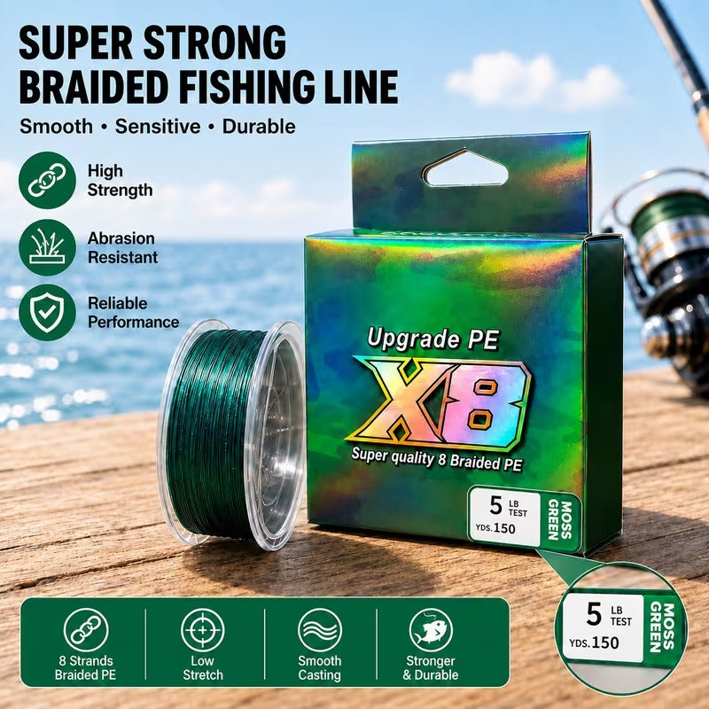 150YDS X8 braided PE fishing line moss green 5LB