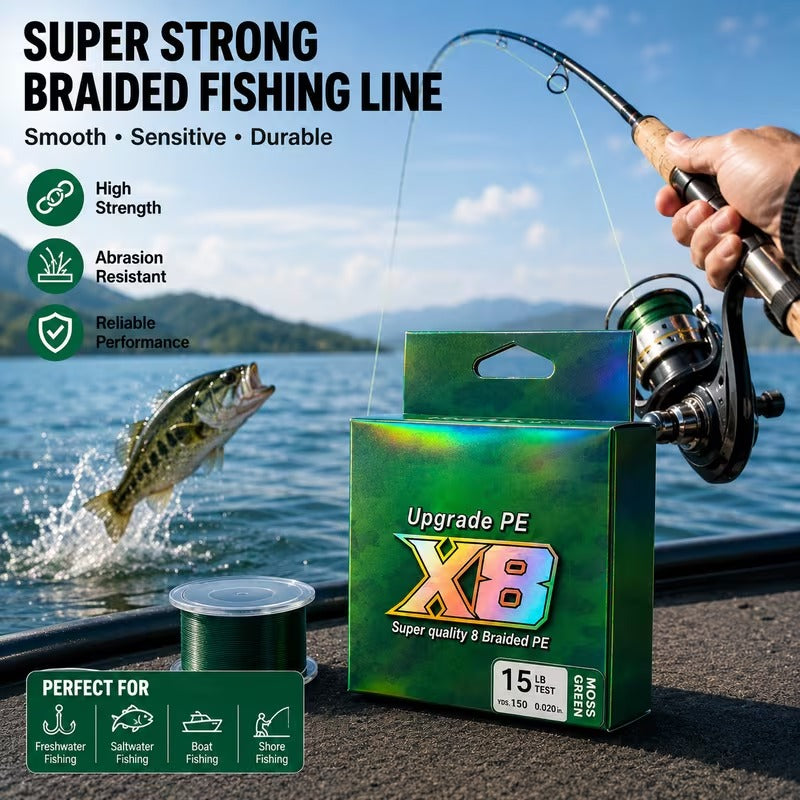 150YDS X8 braided PE fishing line moss green 15LB